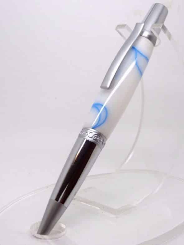 White Blue Satin Chrome Sierra Handmade Pen On Stand