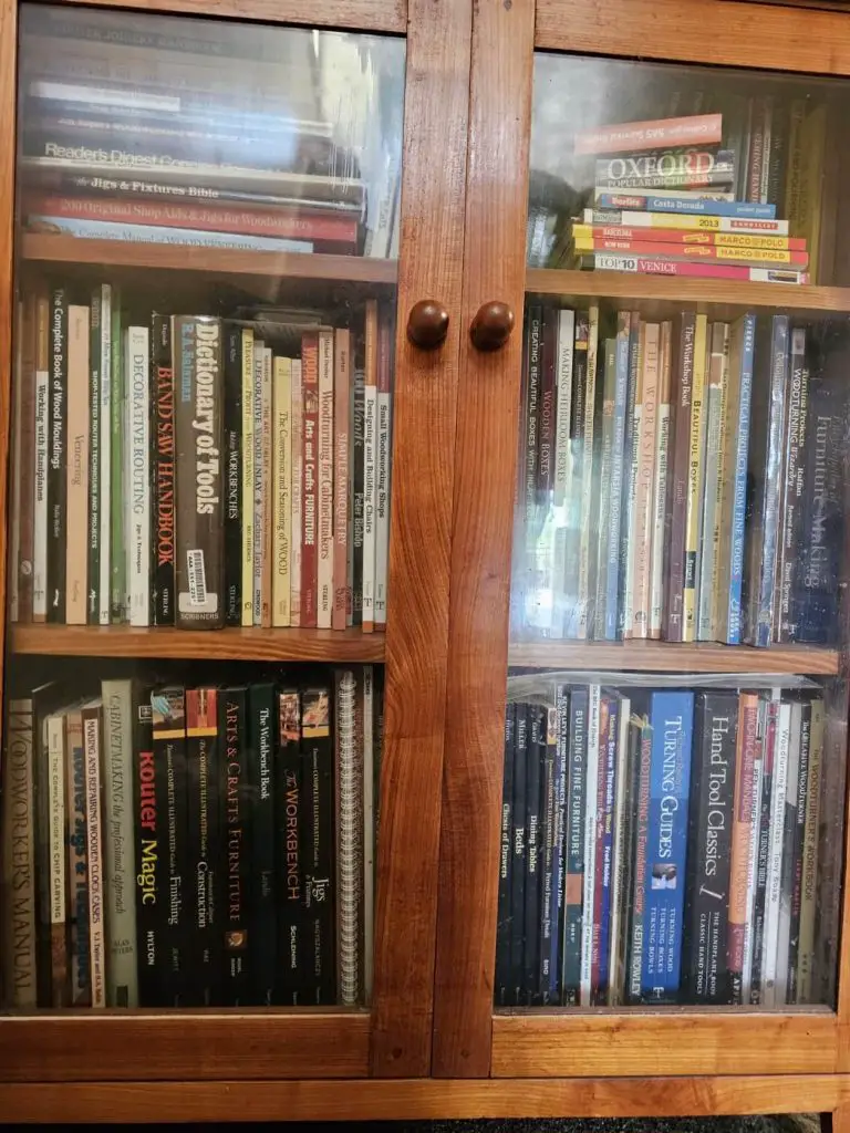 bookcase with my collection of the best woodworking books